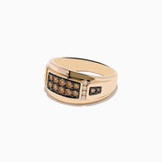 The Mens 14K Rose Gold Espresso and White Diamond Ring features a rectangular setting with two rows of espresso diamonds, accented by smaller white diamonds and brown stones along each side.