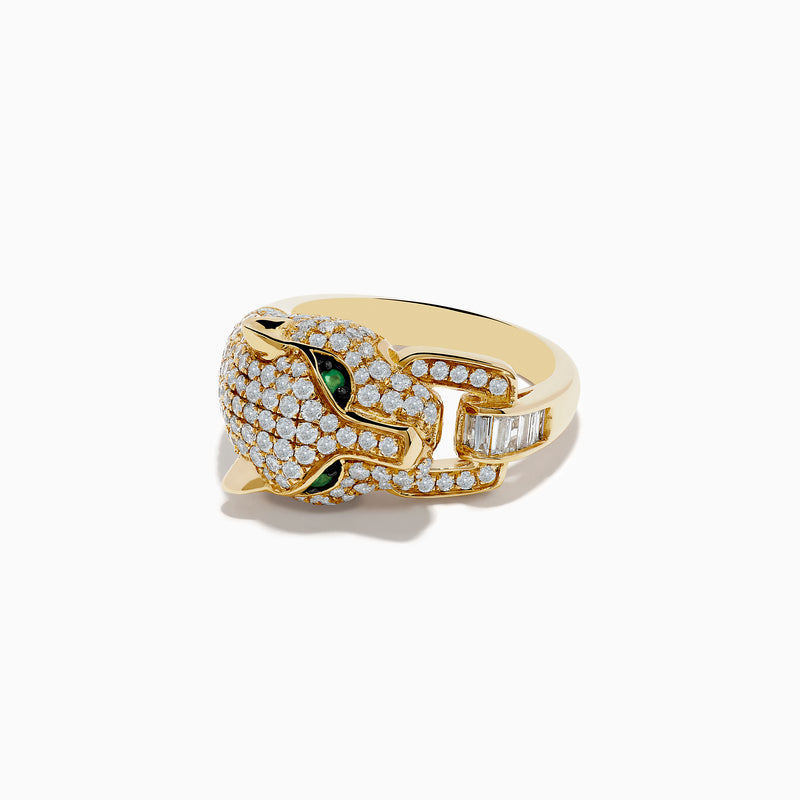 The Signature 14K Yellow Gold Diamond and Emerald Panther Ring showcases a panther’s head with diamond accents, vivid emerald eyes, and a rectangular diamond in its mouth, all set against a plain white background.