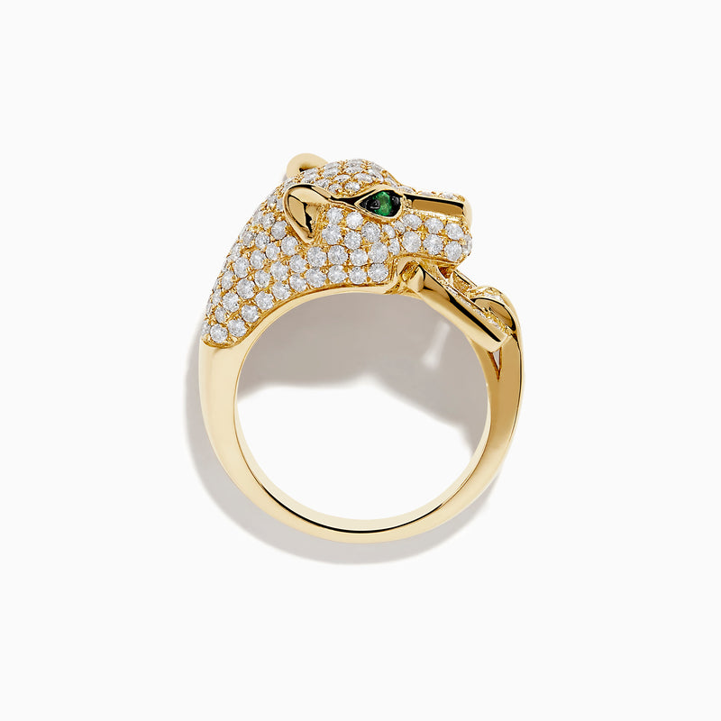 The Signature 14K Yellow Gold Diamond and Emerald Panther Ring showcases a panther’s head with diamond accents, vivid emerald eyes, and a rectangular diamond in its mouth, all set against a plain white background.