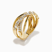 The D'oro 14K Yellow Gold Diamond Crossover Ring features multiple overlapping bands set with rows of sparkling diamonds, shown on a white background.