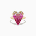 The 14K Yellow Gold Pink Sapphire & Diamond Heart Ring features a heart-shaped top with diamonds, pink sapphires, and deep red stones in a gradient grid pattern.
