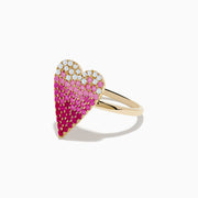 The 14K Yellow Gold Pink Sapphire & Diamond Heart Ring features a heart-shaped top with diamonds, pink sapphires, and deep red stones in a gradient grid pattern.