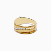The Mens 14K Yellow Gold Diamond Ring features a wide, modern layered design with a diagonal row of round white diamonds set across the front.