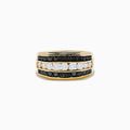 The Mens 14K Yellow Gold Black and White Diamond Ring features a wide band with three horizontal rows: black diamonds on the top and bottom, and white diamonds in the center.