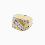 The Mens 14K Yellow Gold Diamond Ring features diagonal polished gold bands alternating with three rows of round diamonds across the top for a bold, sparkling look.