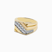 The Mens 14K Yellow Gold and Diamond Ring features a wide band with a diagonal stripe of round diamonds across the center, flanked by polished gold on each side, shown on a white background.