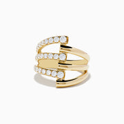 The DOro 14K Yellow Gold Diamond Ring features three angled open bands, each adorned with a row of sparkling round diamonds, in a bold and modern design.
