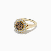 The 14K Yellow Gold Espresso and White Diamond Ring features a round cluster of espresso diamonds encircled by white stones on a plain band—an elegant ring with a unique twist.