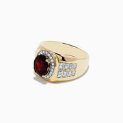 The Mens 14K Yellow Gold Garnet and Diamond Ring features a central oval garnet, haloed by diamonds with rows of clear stones on the wide band—a bold, elegant Effy design.