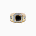 The Mens 14K Yellow Gold Onyx and Diamond Ring features a bold rectangular onyx centerpiece, framed by clear diamonds and accented with additional diamonds on the band for extra brilliance.