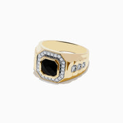 The Mens 14K Yellow Gold Onyx and Diamond Ring features a bold rectangular onyx centerpiece, framed by clear diamonds and accented with additional diamonds on the band for extra brilliance.