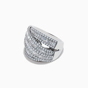 The Classique 14K White Gold Diamond Crossover Ring showcases multiple rows of round and baguette-cut diamonds set in diagonal, intertwining bands for a textured and luxurious look.
