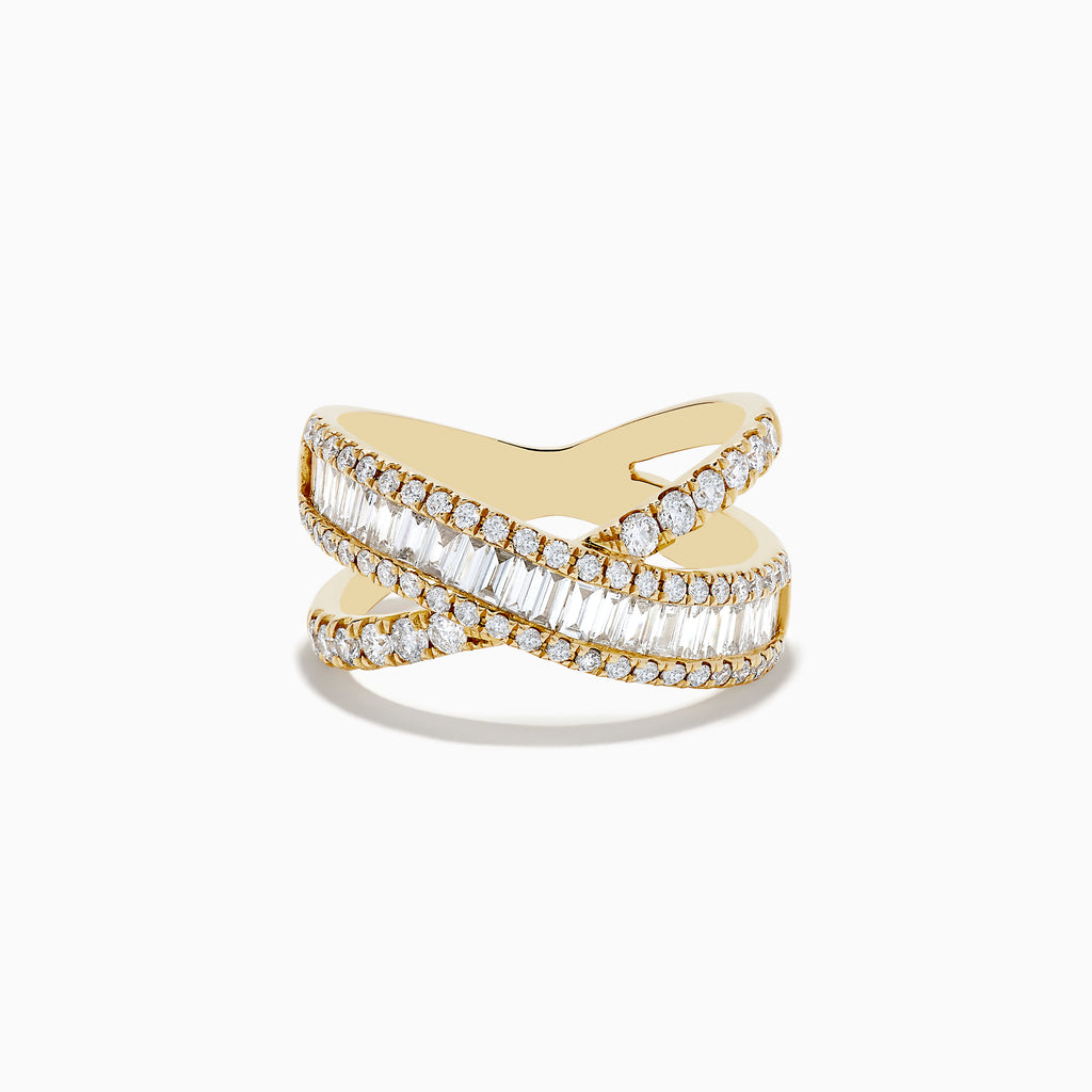 The DOro 14K Yellow Gold Diamond Criss Cross Ring 1.14 TCW showcases two intertwining bands—one set with round diamonds, the other with baguette diamonds—elegantly presented on a white background.