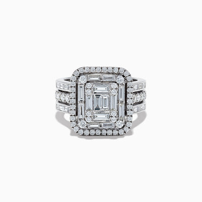 The 14K White Gold Diamond Ring features a rectangular emerald-cut diamond center, two rows of smaller round diamonds, and three diamond-accented bands on each side for a dazzling effect.