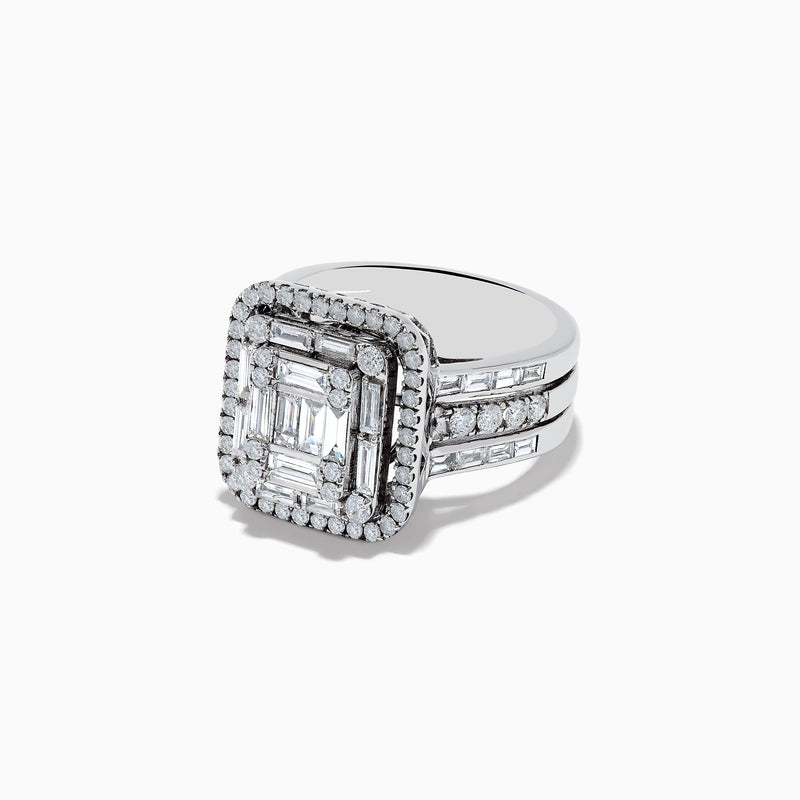 The 14K White Gold Diamond Ring features a rectangular emerald-cut diamond center, two rows of smaller round diamonds, and three diamond-accented bands on each side for a dazzling effect.