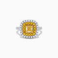 The Canare 14k Two Tone Gold Cushion Cut Double Halo Yellow Diamond Ring (1.86 TCW) features a vibrant yellow diamond centerpiece, framed by a double halo of yellow and white diamonds on a sleek two-tone band.