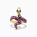 The Safari 14K Rose Gold Pink Sapphire and Tsavorite Snake Ring features an elegant coiled design with pink sapphires along the body and tsavorite gemstones for eyes, displayed on a plain white background.