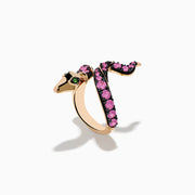 The Safari 14K Rose Gold Pink Sapphire and Tsavorite Snake Ring features an elegant coiled design with pink sapphires along the body and tsavorite gemstones for eyes, displayed on a plain white background.