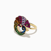 The Watercolors 14K Yellow Gold Black Diamond Multi Sapphire Chameleon Ring features a chameleon design with colorful gemstones, including black diamond and multi sapphire accents, set in sections across its body.
