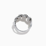 The 14K White Gold Diamond Interlocking Link Ring features a unique link chain design, set with sparkling diamonds, shown against a plain white background.
