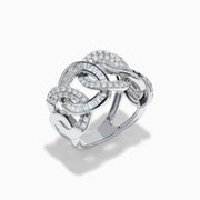The 14K White Gold Diamond Interlocking Link Ring features a unique link chain design, set with sparkling diamonds, shown against a plain white background.
