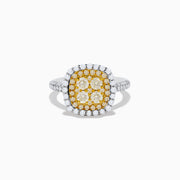 The Canare 14K Two Tone Gold White and Yellow Diamond Ring features a square cluster of four yellow diamonds, surrounded by a halo and band of sparkling white diamonds.