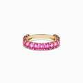 The 14k Yellow Gold Pink Sapphire Band Ring showcases a row of rectangular pink sapphires set around the band, presented on a white background.