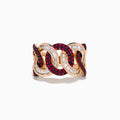 The 14K Rose Gold Ruby and Diamond Interlocking Link Ring features small round rubies and rectangular clear diamonds in an alternating pattern across the band.