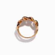 The 14K Rose Gold Ruby and Diamond Interlocking Link Ring features small round rubies and rectangular clear diamonds in an alternating pattern across the band.