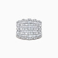 The Classique 14k White Gold Diamond Statement Ring 1.82 TCW features multiple rows of baguette and round diamonds set in a layered, scalloped design for a bold and elegant look.