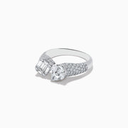 The Pave Classica 14k White Gold Open Shank Diamond Ring features an emerald-cut and a pear-shaped diamond at each open end, with round diamonds encrusted along the band. Total carat weight: 1.49.