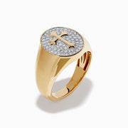 Introducing the Men's 14K Yellow Gold Diamond Cross Signet Ring—a sophisticated men's signet ring crafted from 14K yellow gold, showcasing an oval face with a bold cross cutout over a surface set with sparkling small diamonds. This elegant piece makes a striking statement of style and faith.
