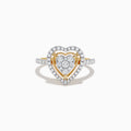 A stunning Novelty 14K Yellow Gold Heart Diamond Ring 0.57 TCW, featuring two diamond-encrusted heart outlines and a central diamond cluster, elegantly set against a white background.