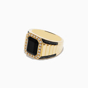The Mens 14K Yellow Gold Onyx and Diamond Ring showcases a bold rectangular onyx centerpiece, accented by clear diamonds and black stones elegantly set along the band.