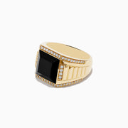 Mens 14K Yellow Gold Onyx and Diamond Ring featuring a bold black onyx center, bordered by two rows of sparkling diamonds and accented with vertical grooves along the band for a standout look.