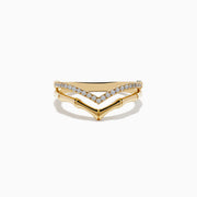 Two stacked Doro 14K Yellow Gold Diamond Rings: the top has a V-shape with diamonds, while the bottom displays a polished chevron. Both are shown on a white background.