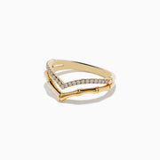 Two stacked Doro 14K Yellow Gold Diamond Rings: the top has a V-shape with diamonds, while the bottom displays a polished chevron. Both are shown on a white background.