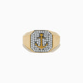 The Mens 14K Yellow Gold Diamond Anchor Ring features a flat octagonal face with a black and gold anchor design, accented by sparkling clear stones for a bold and striking look.