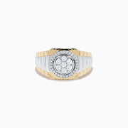 The Men's 14K Two Tone Gold Diamond Signet Ring features a round cluster of center diamonds, surrounded by a halo of smaller diamonds on a textured band.