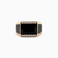 The Mens 14K Yellow Gold Black and White Diamond and Onyx Ring features a bold rectangular black onyx center, framed by white gemstones with black and white diamond accents along the sides of the band.