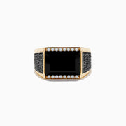 The Mens 14K Yellow Gold Black and White Diamond and Onyx Ring features a bold rectangular black onyx center, framed by white gemstones with black and white diamond accents along the sides of the band.