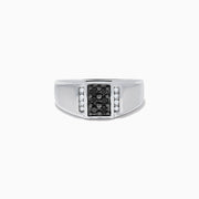 Mens 14K White Gold White and Black Diamond Ring with a rectangular black diamond cluster center, framed by two vertical rows of white diamonds on each side, shown on a plain white background.
