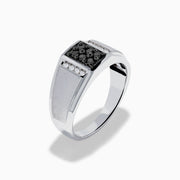 Mens 14K White Gold White and Black Diamond Ring with a rectangular black diamond cluster center, framed by two vertical rows of white diamonds on each side, shown on a plain white background.
