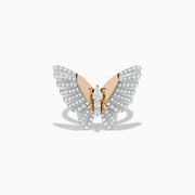 The Nature 14K Two Tone Gold Diamond Butterfly Ring features detailed, sparkling diamond-adorned wings and a polished gold center, beautifully showcased on a plain white background.