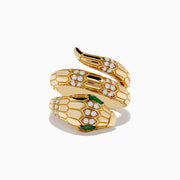 The Safari 14K Yellow Gold Diamond and Emerald Snake Ring features a snake design with diamond accents and an emerald eye, set against a white background.