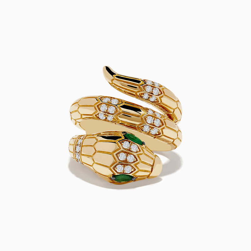 The Safari 14K Yellow Gold Diamond and Emerald Snake Ring features a snake design with diamond accents and an emerald eye, set against a white background.