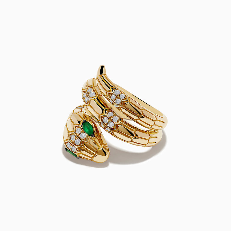 The Safari 14K Yellow Gold Diamond and Emerald Snake Ring features a snake design with diamond accents and an emerald eye, set against a white background.