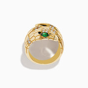 The Safari 14K Yellow Gold Diamond and Emerald Snake Ring features a snake design with diamond accents and an emerald eye, set against a white background.