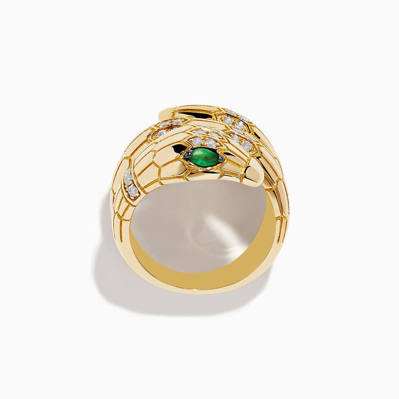 The Safari 14K Yellow Gold Diamond and Emerald Snake Ring features a snake design with diamond accents and an emerald eye, set against a white background.