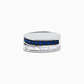 The Royal Bleu 14K White Gold Sapphire and Diamond Band Ring showcases a row of blue sapphires above rectangular white diamonds in a modern, asymmetrical silver band, set against a plain white background.